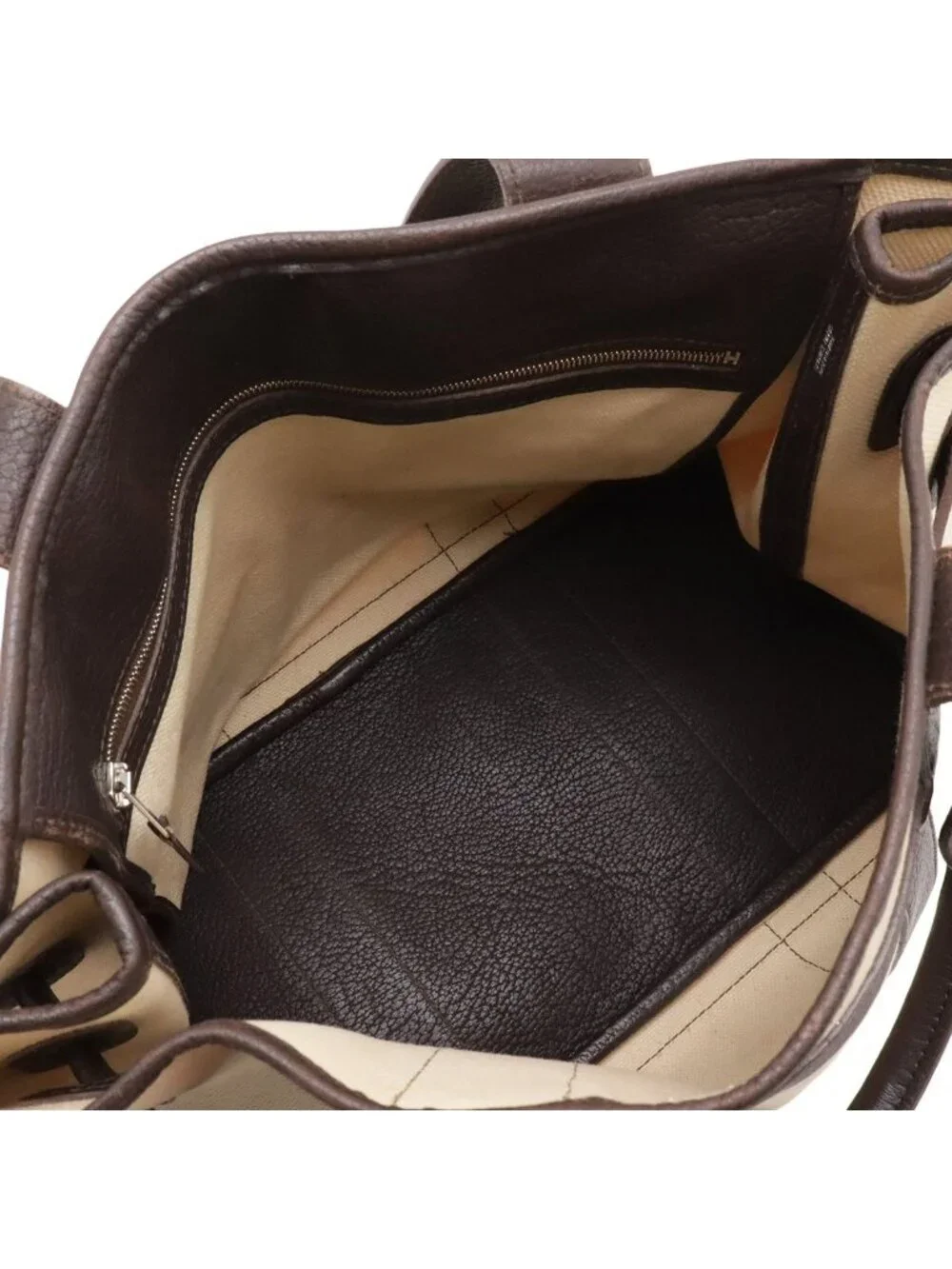 Hermes Petite Ceinture MM Tote Canvas Leather Ivory Dark Brown